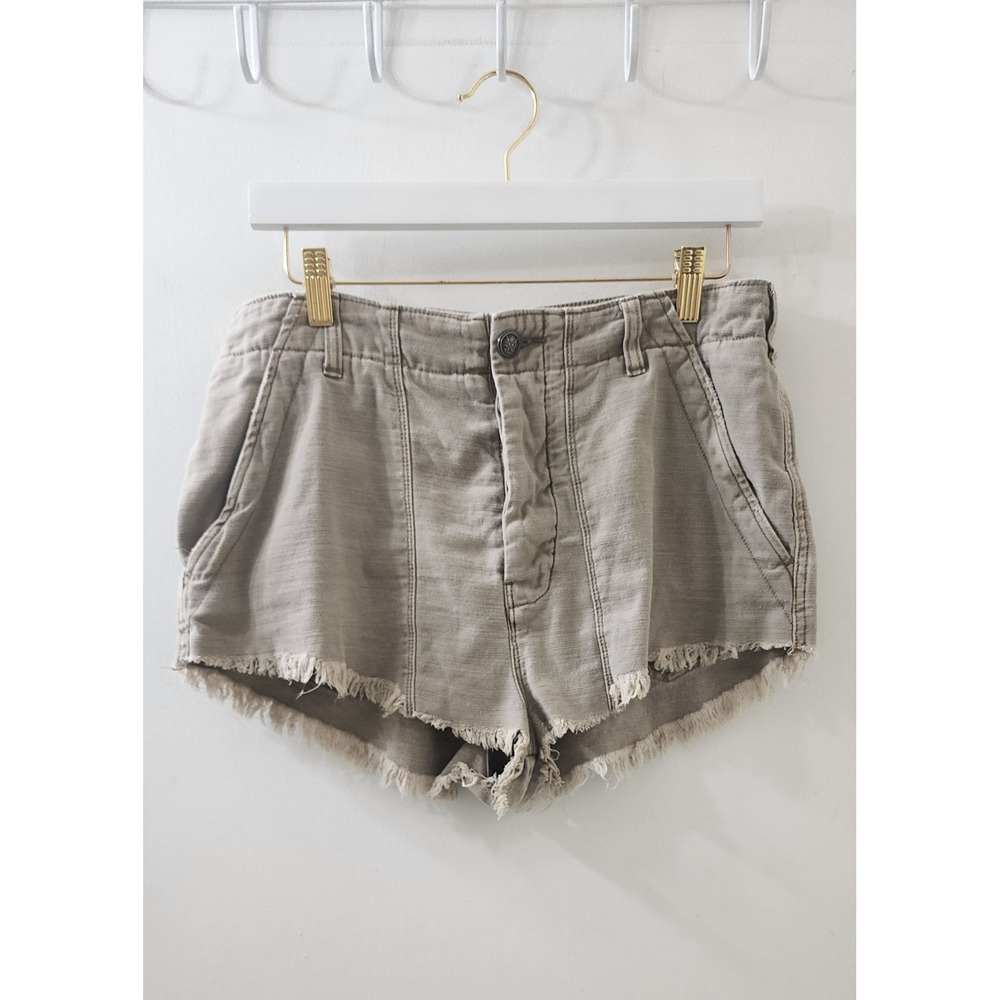 Free People Khaki Tan High Rise Raw Hem Utility Shorts Button Fly Size 12